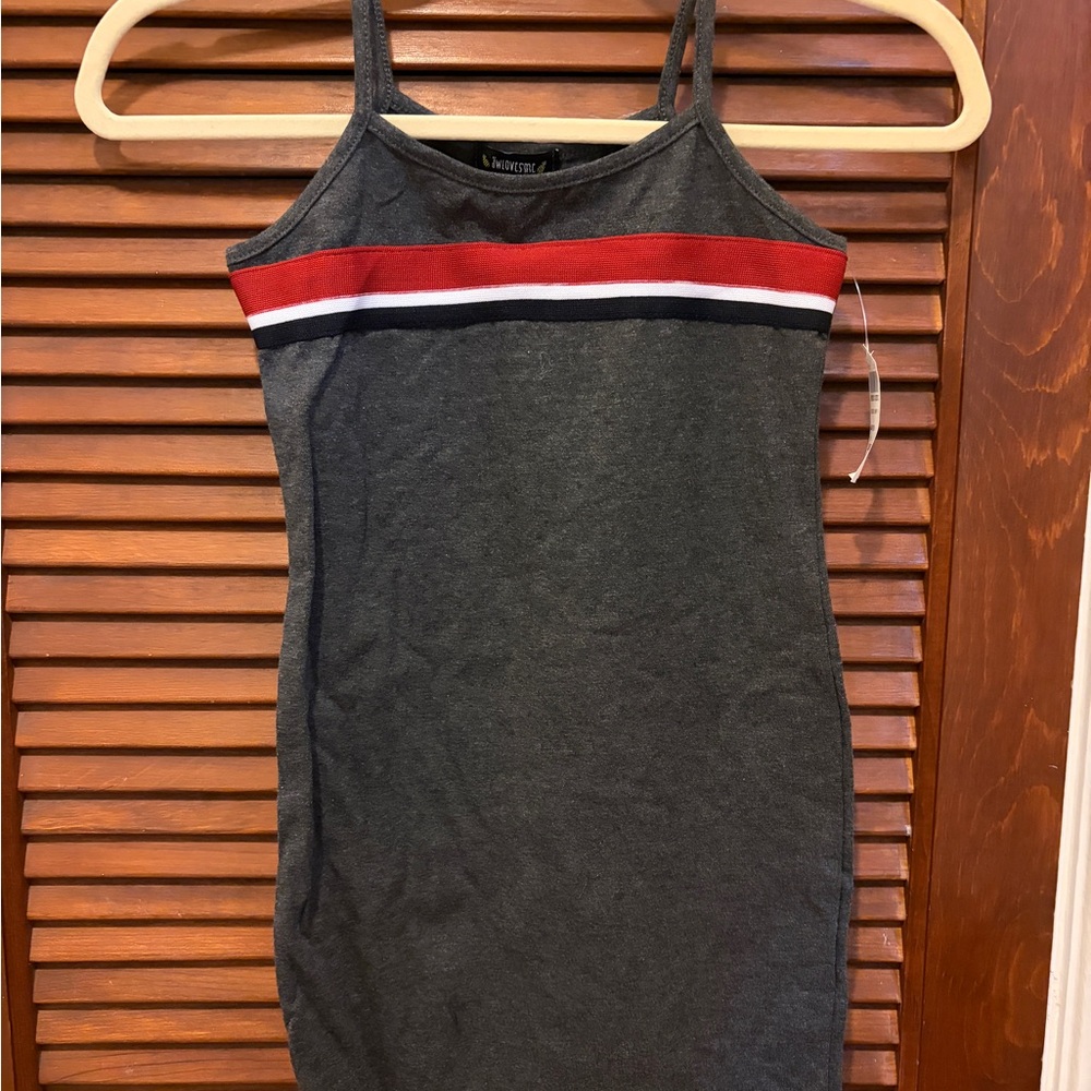 Kids Casual Dress in Gray with Red and White Stripe
